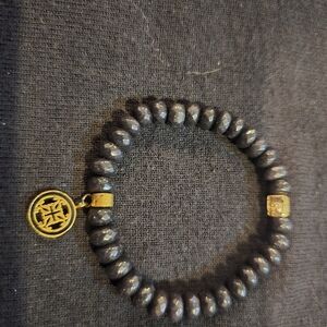 Rustic Cuff Black Beaded Stretch Bracelet with Gold Logo Charm